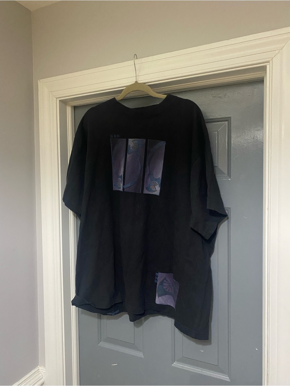 Blue Fish Black Graphic T-Shirt with Purple Accent